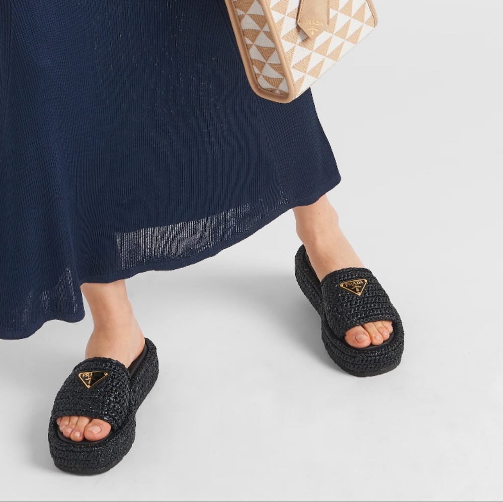 Prada Black Crochet Flatform Slides